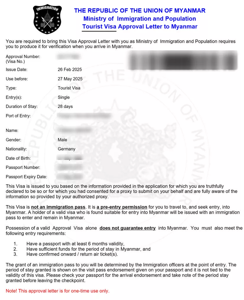 myanmar eVisa sample document